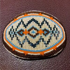 Vtg Zuni HAND BEADED BELT BUCKLE in Orange/Black/White/Maroon. Native
